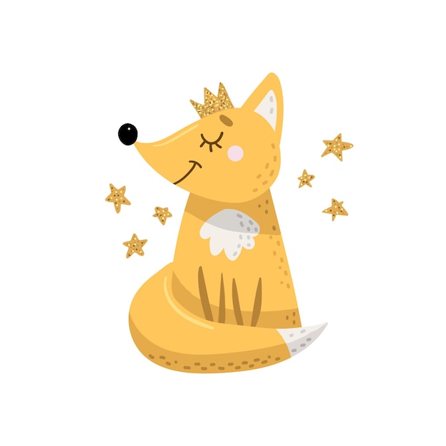 Cute cartoon fox in a crown with gold stars.