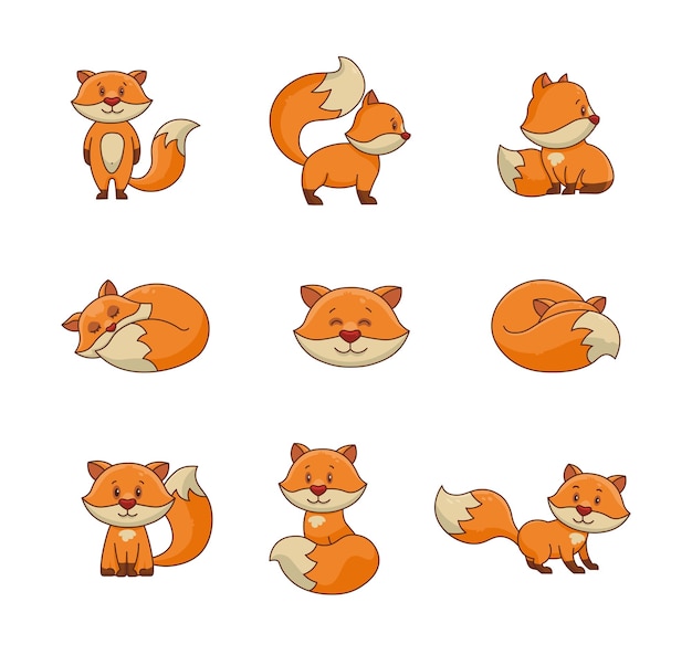 Vector cute cartoon fox funny wild animal vector drawing collection of design elements