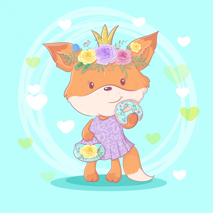 Vector cute cartoon fox girl in a wreath of roses flowers with a donut with icing.