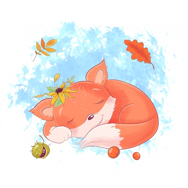 Vector cute cartoon fox is sleeping, autumn, leaves.