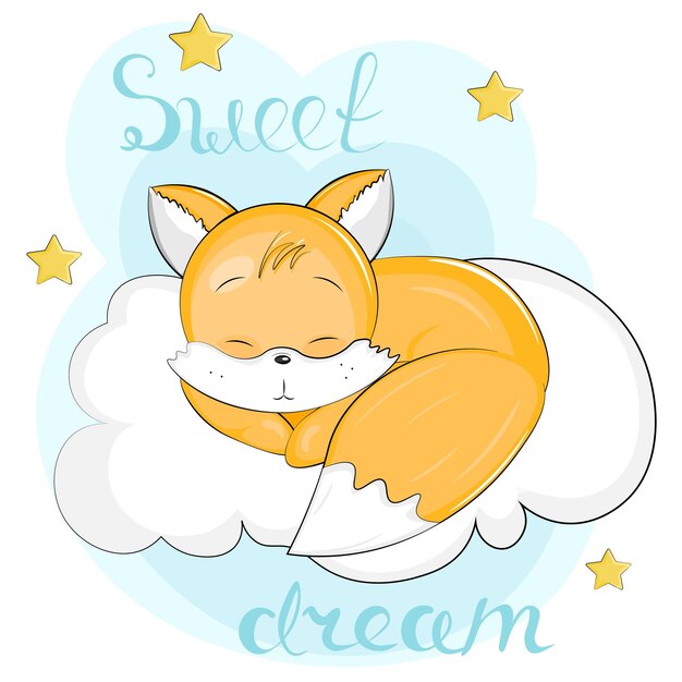 Cute cartoon fox sleeping on a cloud