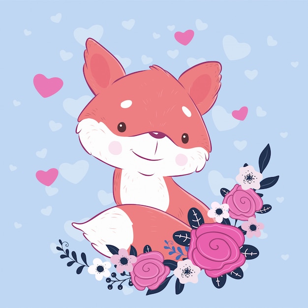 Cute cartoon fox with a bouquet of roses