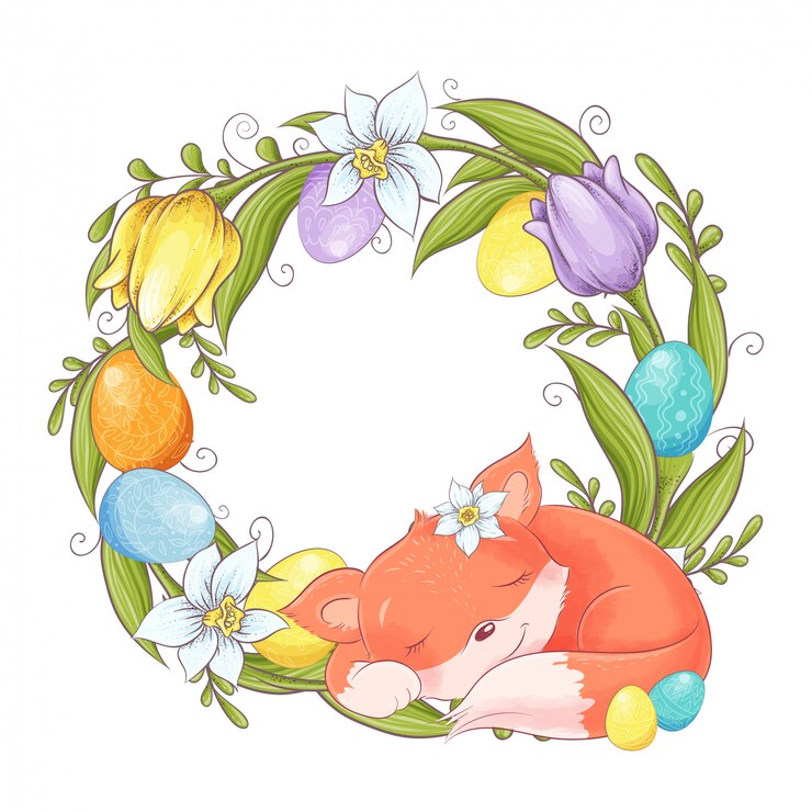 Vector cute cartoon fox with a wreath of easter multi-colored eggs and spring flowers