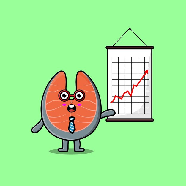 Симпатичный мультяшный бизнесмен из свежего лосося представляет информацию в плоском современном стиле