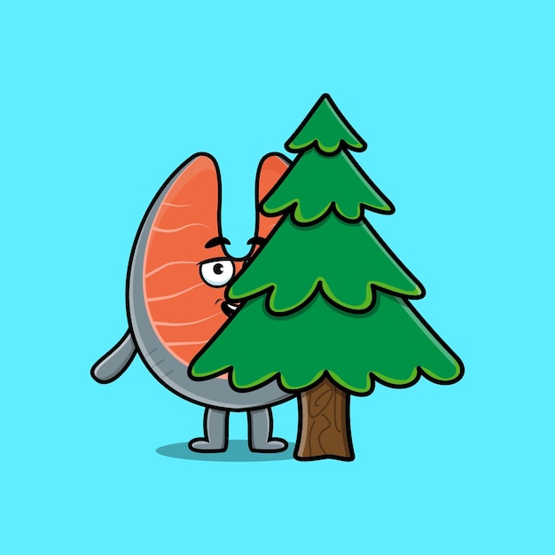 Cute cartoon Fresh salmon character hiding tree in flat modern design