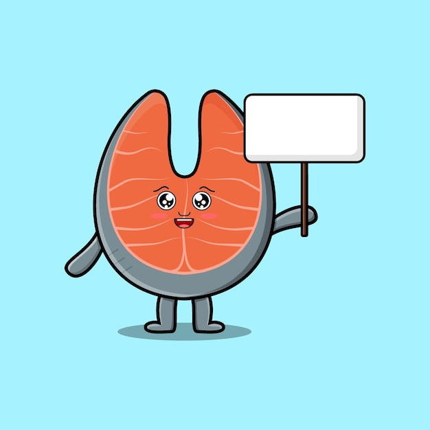 Cute cartoon fresh salmon character holding blank board in vector cartoon style illustration