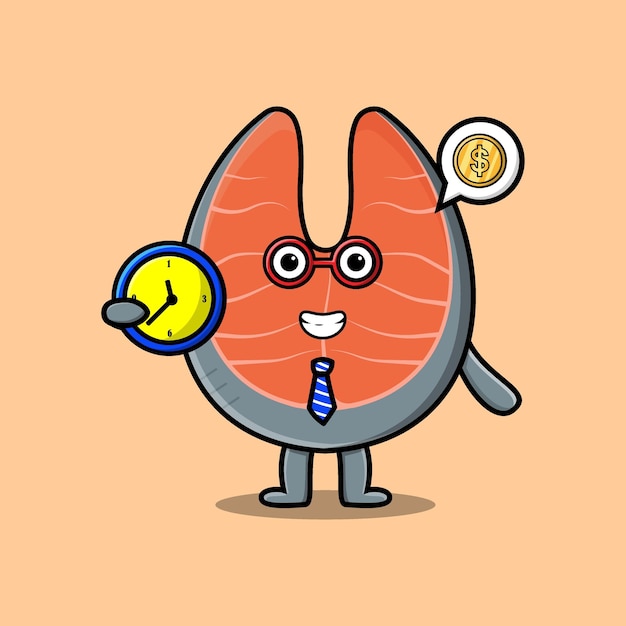 Simpatico cartone animato salmone fresco personaggio che tiene orologio con felice espressione in stile cartone animato piatto