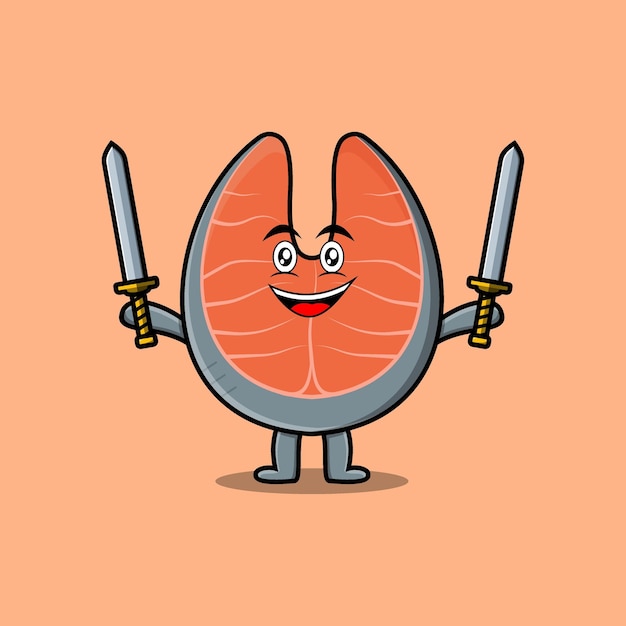 Cute cartoon Fresh salmon character holding two sword in flat modern design