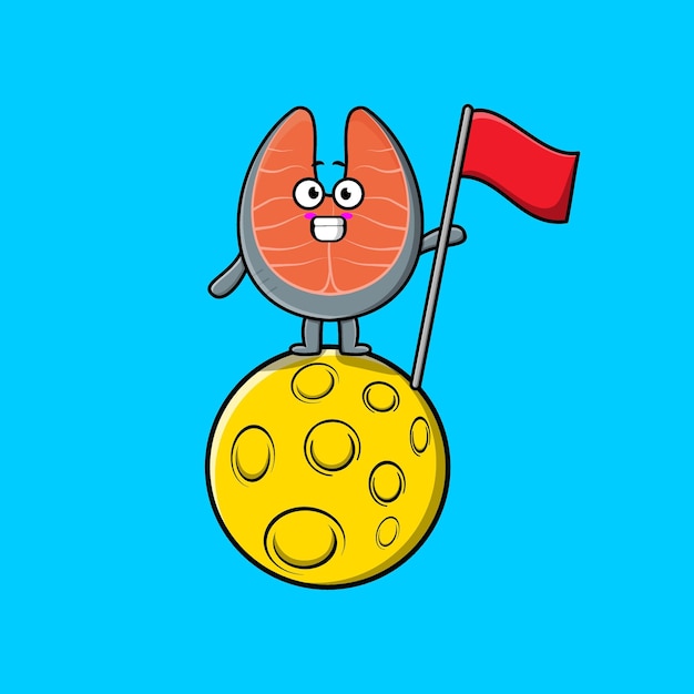 Cute cartoon Fresh salmon character standing on the moon with flag in flat modern design