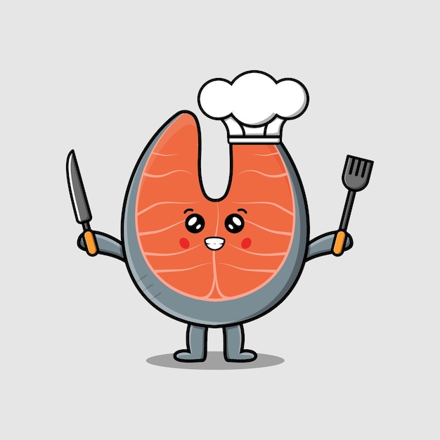 평평한 만화 삽화에서 나이프와 포크를 들고 있는 귀여운 만화 신선한 연어 요리사 캐릭터