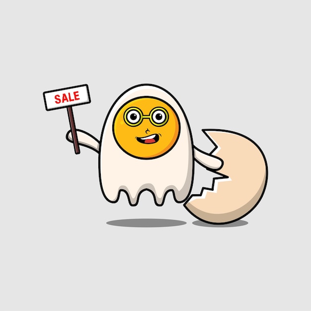 Cute cartoon fried eggs character holding sale sign designs in concept flat cartoon style