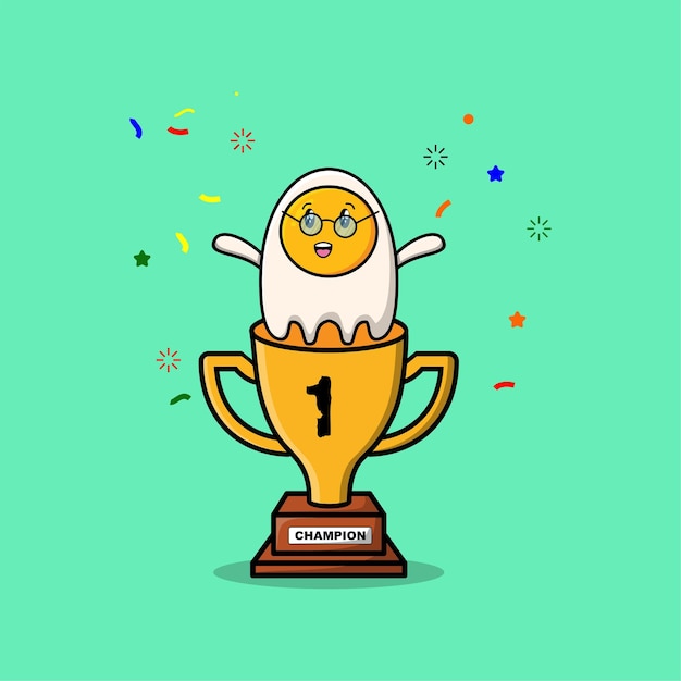 Vector cute cartoon fried eggs character in trophy in concept flat cartoon style in modern illustration