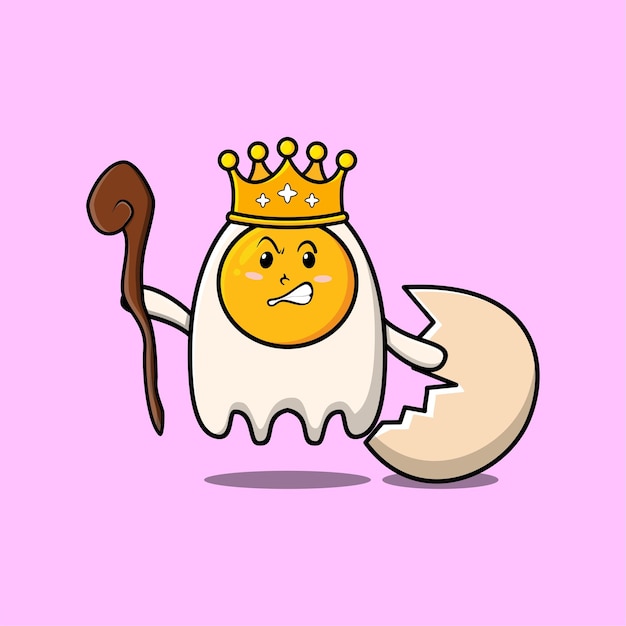 Cute cartoon fried eggs mascot as wise king with golden crown and wooden stick