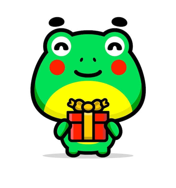 Vector cute cartoon frog holding gift box