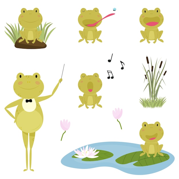 Cute cartoon frog with different facial expressions and emotions