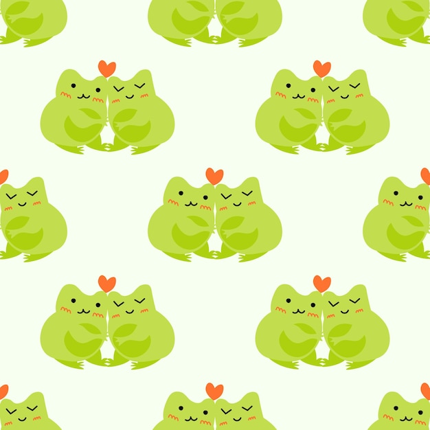 Cute cartoon frogs enamored green toads vector animal characters seamless pattern of amphibian toad