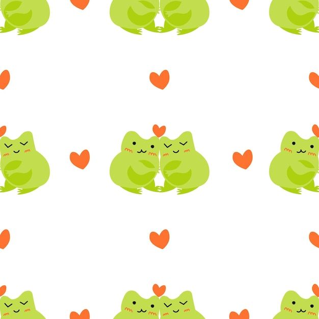 Cute cartoon frogs Enamored green toads Vector animal characters seamless pattern of amphibian toad