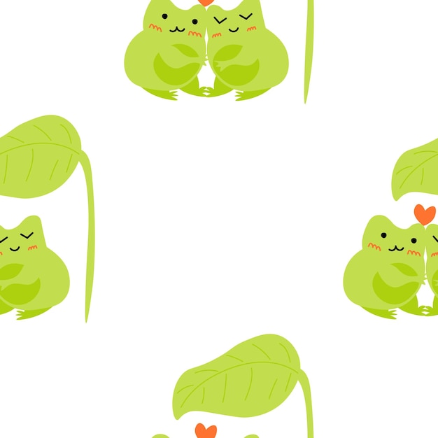 Cute cartoon frogs enamored green toads vector animal characters seamless pattern of amphibian toad