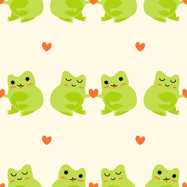 Cute cartoon frogs Enamored green toads Vector animal characters seamless pattern