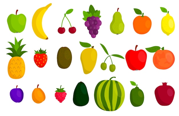 Cute cartoon fruits set in flat style isolated on white background.