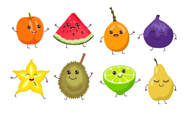 Vector cute cartoon fruits with funny faces cartoon illustration set. happy and comic durian, peach, pear, watermelon, fig, kiwi characters or personage on white background. tropical berries, food concept