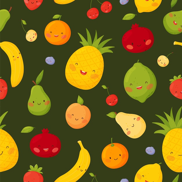 Cute cartoon fruits with funny faceson a dark green background on a white background. seamless  pattern.