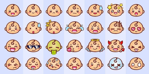 Cute cartoon funny baby faces emoticons set