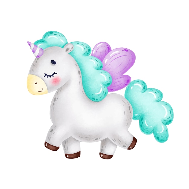 Cute cartoon funny gray unicorn with a green mane, purple wings and closed eyes walks and smiles on a white background