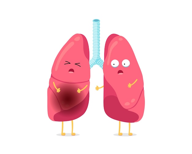 Cute cartoon funny unhealthy illness lungs character suffering sick lung mascot with pneumonia human