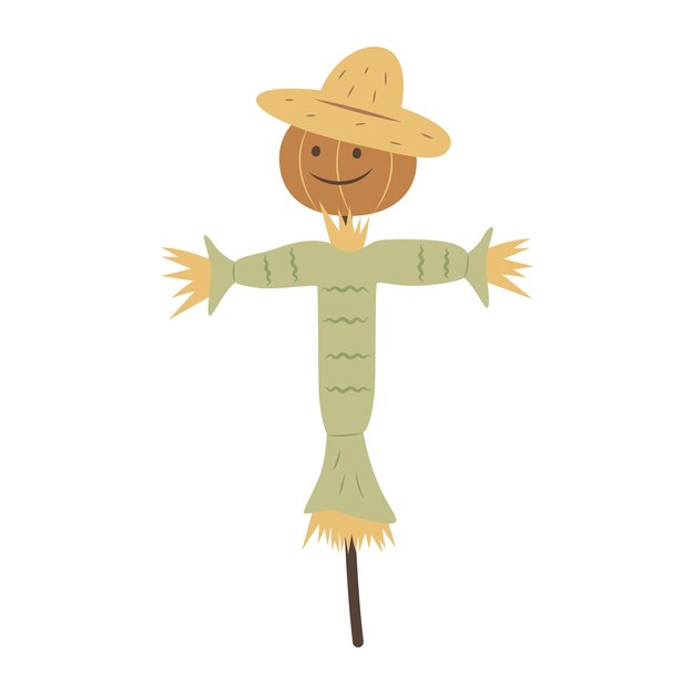 Vector cute cartoon garden scarecrow a pumpkin head in a straw hat