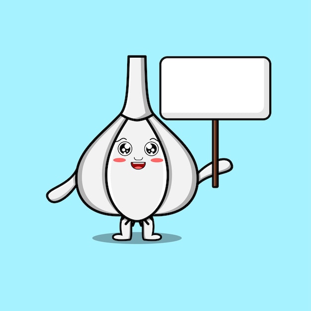 Vettore simpatico cartone animato carattere di aglio che tiene una scheda vuota nell'illustrazione piatta in stile cartone animato di concetto vettoriale
