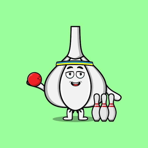 Personaggio simpatico cartone animato aglio che gioca a bowling in un'illustrazione di design piatto in stile moderno