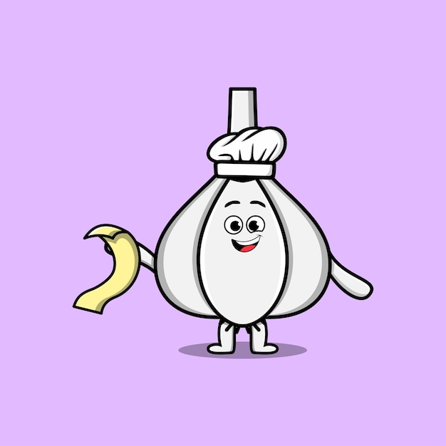 Cute cartoon garlic chef character with menu in hand cute style design illustration