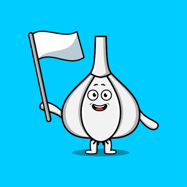 Vector cute cartoon garlic mascot character with white flag in modern design illustration