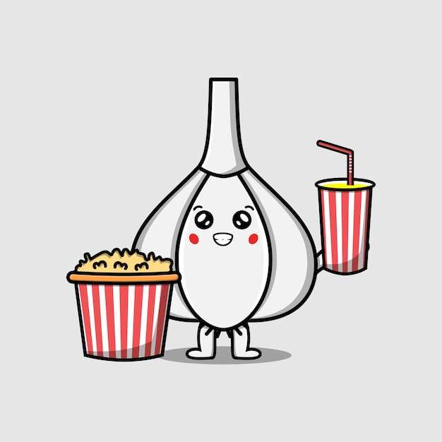 Cute cartoon Garlic with popcorn and drink ready to watching film in cinema