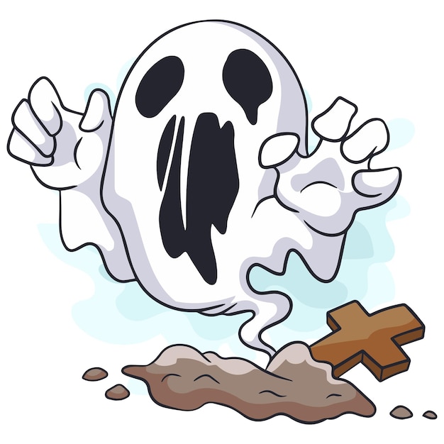 Vector cute cartoon ghost coming out of the grave