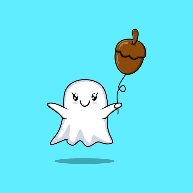 Cute cartoon ghost floating with acorn balloon cartoon vector illustration in concept 3d cartoon