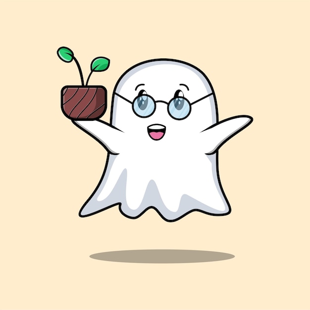 Cute cartoon ghost holding plant in a pot 3d modern style design