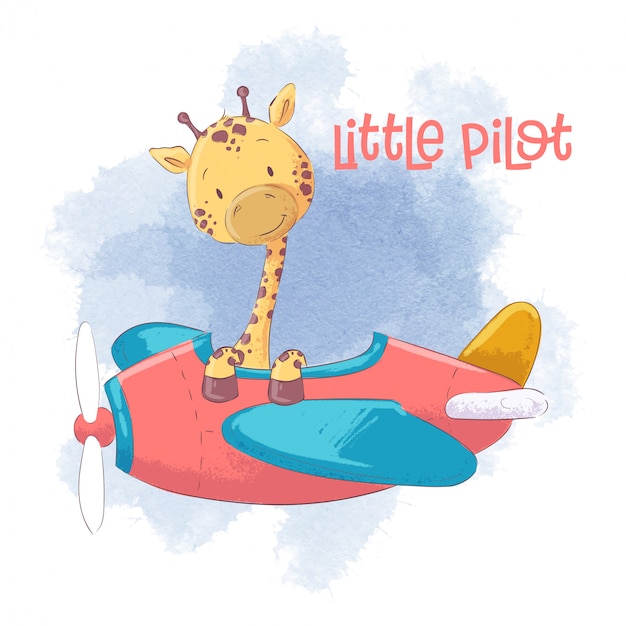 Cute cartoon giraffe on an airplane.