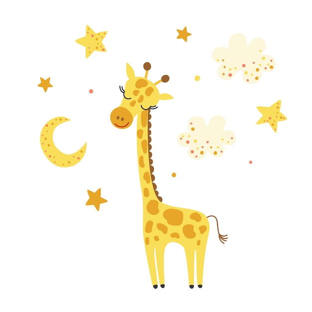 Cute cartoon giraffe among the clouds