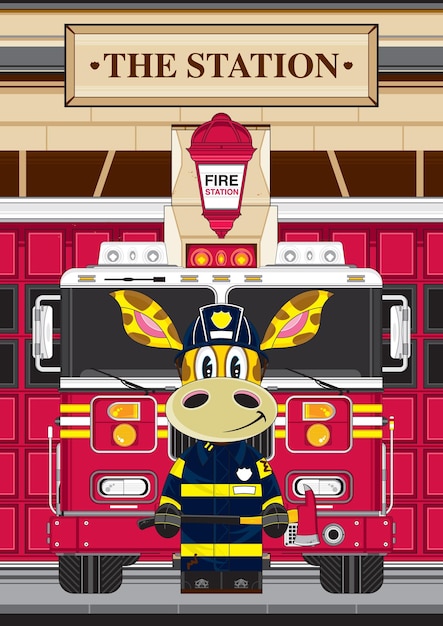  Cute Cartoon Giraffe Fireman and Fire Engine Emergency Services Illustration