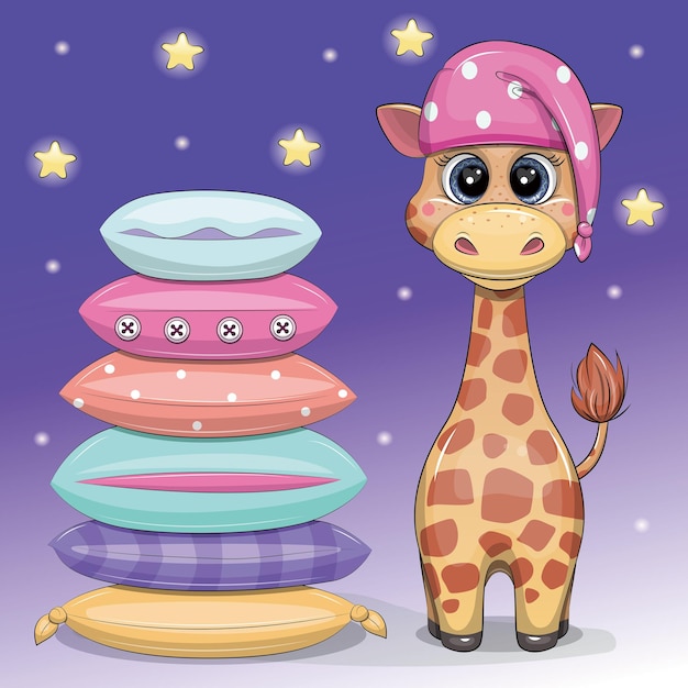 Cute cartoon giraffe in night cap with many colorful pillows Vector illustration of animal