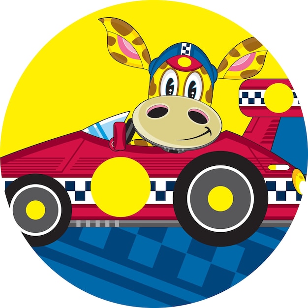 Vector cute cartoon giraffe racing driver in sports car
