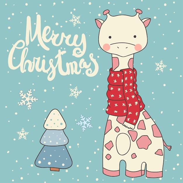 Cute cartoon giraffe in red scarf Blue background with snowflakes pine tree dots and Merry Christmas