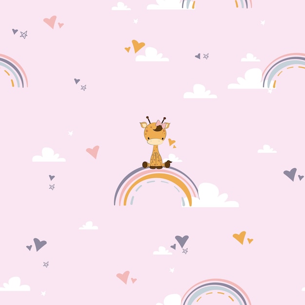 Vector cute cartoon giraffe sitting on the rainbow seamless pattern cartoon doodle animal characters