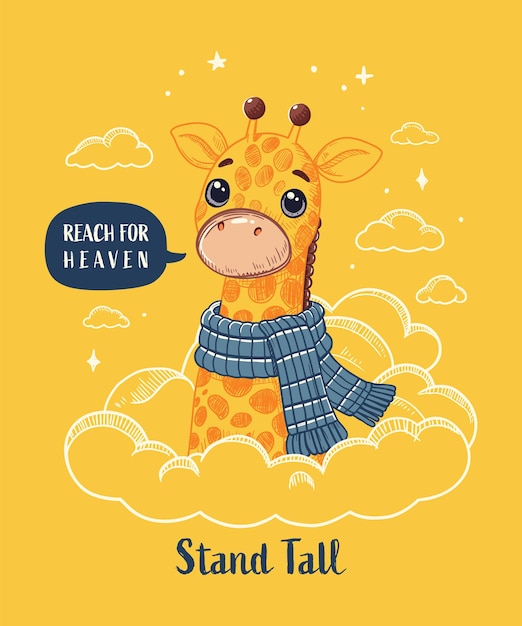 Cute cartoon giraffe with scarf and clouds vector illustration