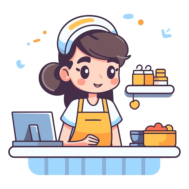 Vector cute cartoon girl in apron working on laptop