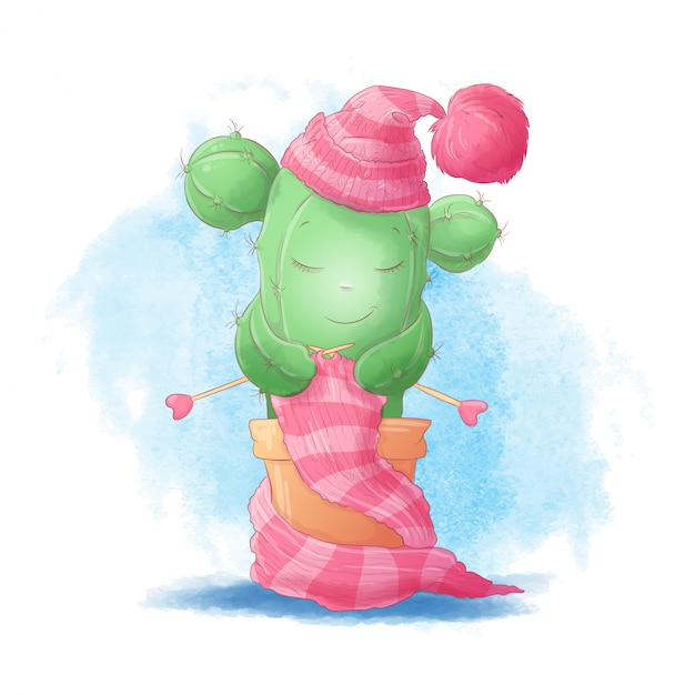 Vector cute cartoon girl cactus knits a scarf in a warm hat. vector illustration