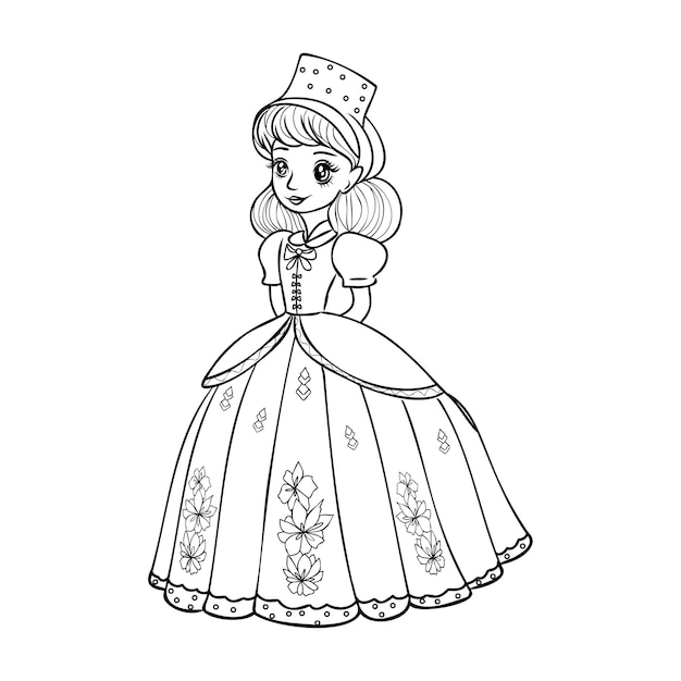 Cute cartoon girl dressed ball dress and tiara outline for coloring on a white background