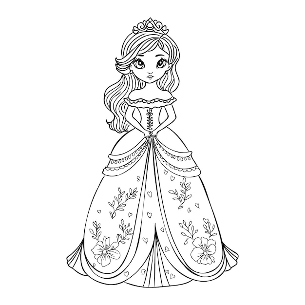 Cute cartoon girl dressed ball dress and tiara outline for coloring on a white background